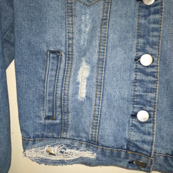 Rsq Denim Jean Jacket Women's S Distressed Medium Wash Blue Rips Trucker Pockets - Picture 5 of 16